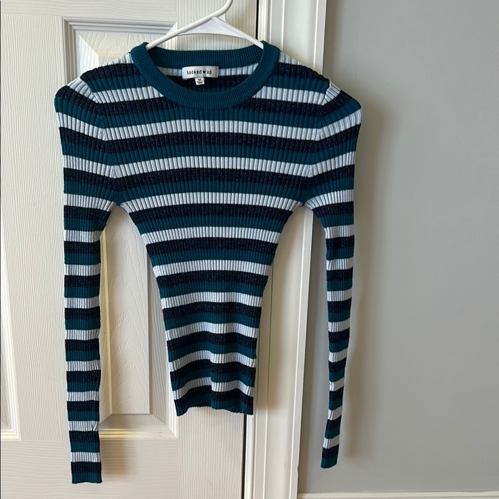 Striped Ribbed Long Sleeve Blue Top with Glitter